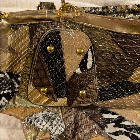 Braciano Gold and Tan Patchwork Snake-Embossed Tote - Picture 3 of 8
